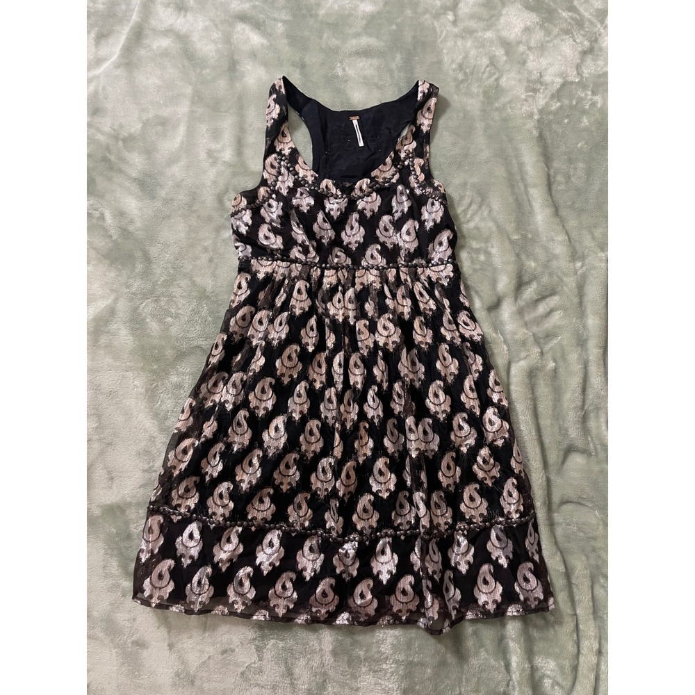 Free People Dress Sleeveless Black Silver Paisley tinsel babydoll Mini Party